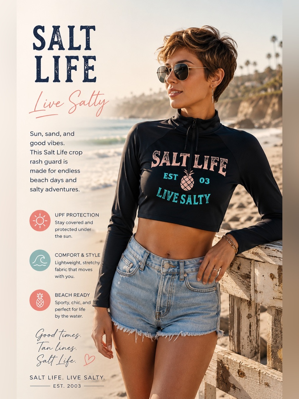 Salt Life Live Salty Black Crop Rash Guard Swim Top NWT